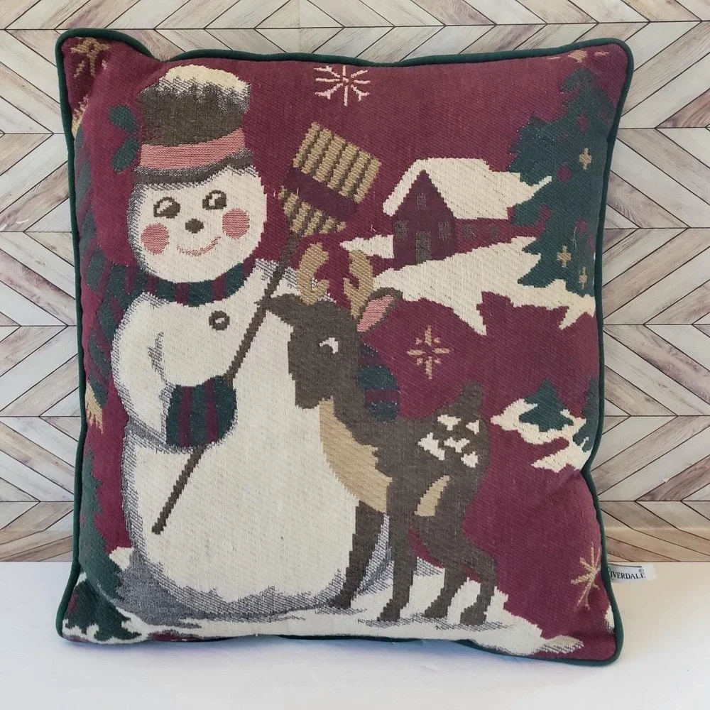 Vtg Riverdale Tapestry Throw Pillow Christmas Burgundy Snowman Decorative USA